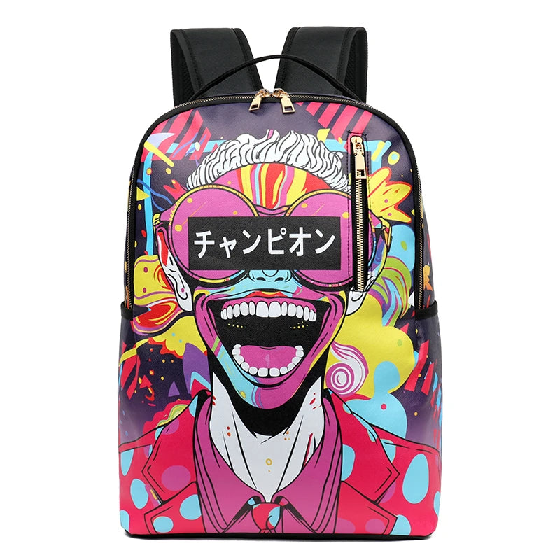 Fashion men's and women's PU graffiti large capacity backpack student backpack travel bag mochila mochilas de hombre school bag